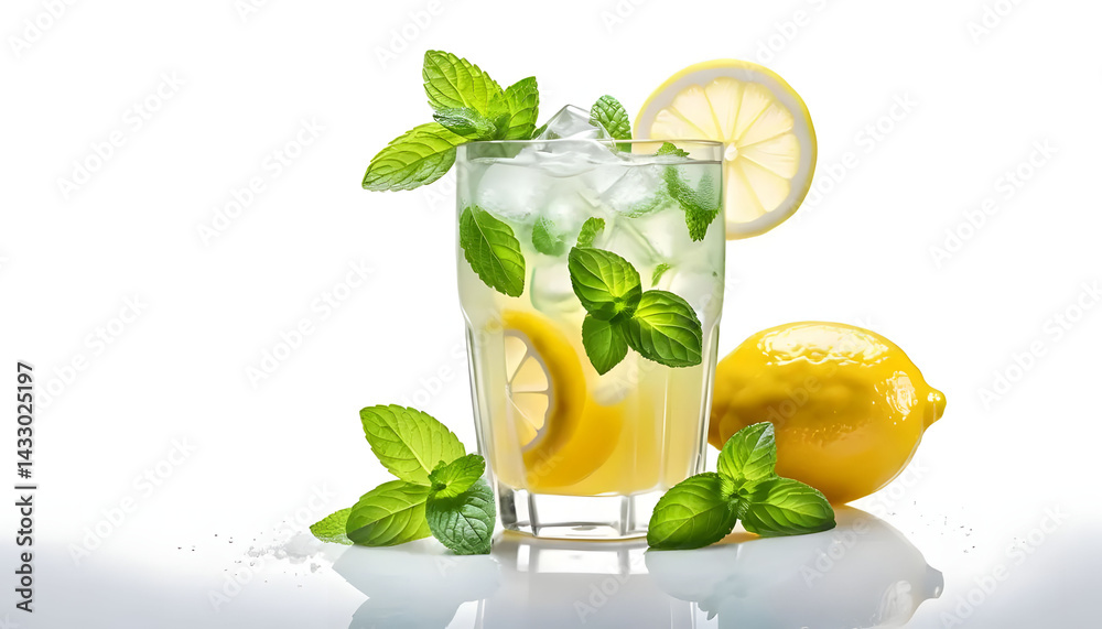 Lemon and mint chilled beverage, isolated on white background Lemon and mint chilled beverage, isolated on white background