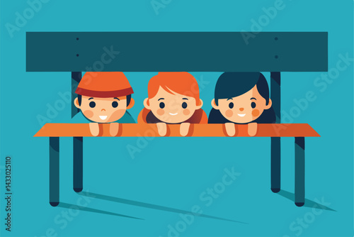 kids hiding under bench with giggles .eps
