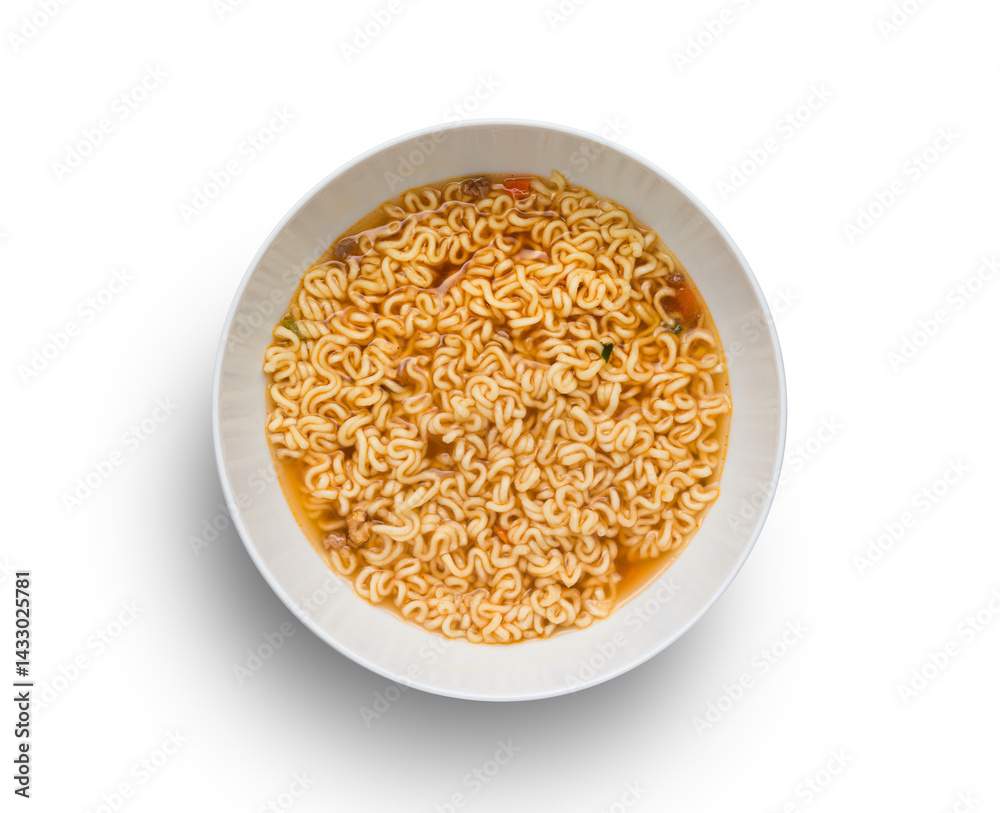 Instant noodle in a white bowl on white background, top view Instant noodle in a white bowl on white background, top view