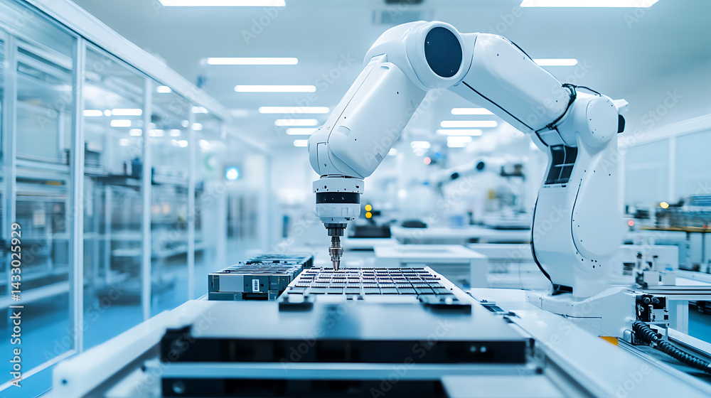 Fototapeta premium A robotic arm in a high tech cleanroom, assembling components for robots used in autonomous carbon capture technology systems, Green-tech style