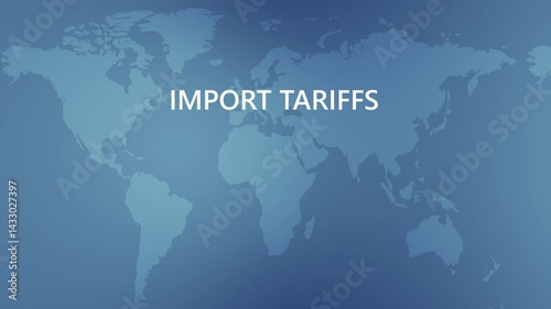 World Map With Import Tariffs Text. World map representation with a blue background and import tariffs text, seamless loop.