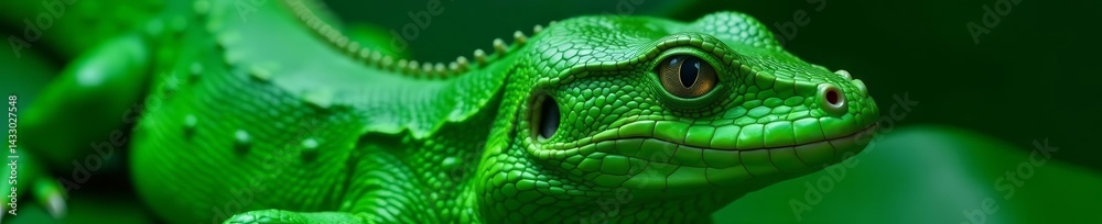 Fototapeta premium Close-up shot of shiny green reptile skin with smooth texture and unique details, pattern, wildlife, vibrant