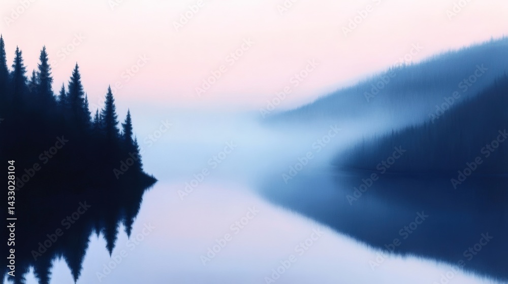 Fototapeta premium Still lake reflects misty pine forest