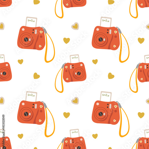 Cute seamless pattern with pink camera and hearts. Summer background with red camera, photos and smile phrase. Endless texture about travel and tourism. Colored flat vector illustration on white.