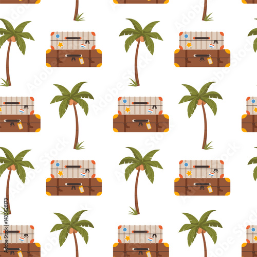 Seamless Travel pattern. Seamless pattern with suitcases, luggage, palms. Endless texture about travel, tourism, summer holidays and vacation. Flat vector illustration on white background.