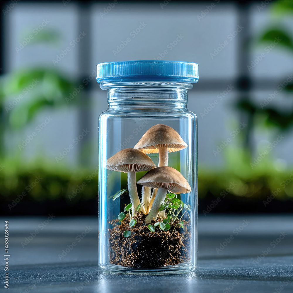 glass jar contains three mushrooms growing in soil, surrounded by small green plants. blue lid adds pop of color, creating serene and natural atmosphere