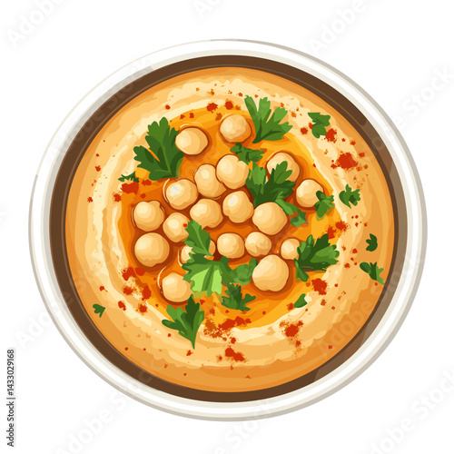 Top down view of a fresh bowl of handmade chickpea hummus dip vector illustration isolated on a white background