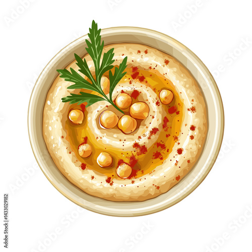 Top down view of a fresh bowl of handmade chickpea hummus dip vector illustration isolated on a white background