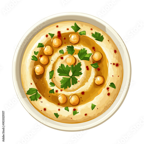 Top down view of a fresh bowl of handmade chickpea hummus dip vector illustration isolated on a white background
