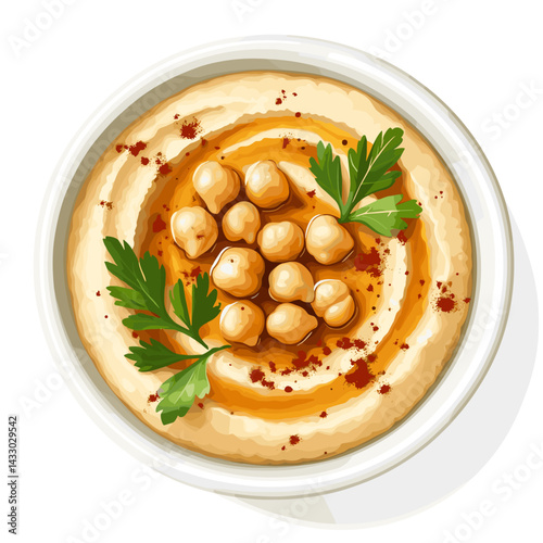 Top down view of a fresh bowl of handmade chickpea hummus dip vector illustration isolated on a white background