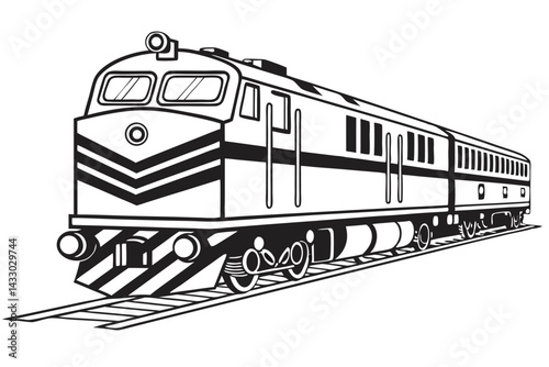 Black and White of a Train on Tracks with Intricate Design Detailing
