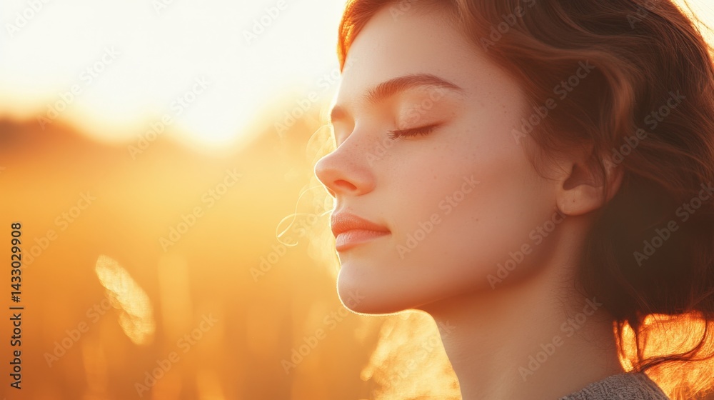 Fototapeta premium Woman with closed eyes in golden light