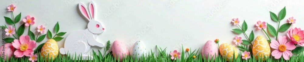 Paper cut rabbit surrounded by easter eggs and flowers, bunny, easter, colorful Paper cut rabbit surrounded by easter eggs and flowers, bunny, easter, colorful