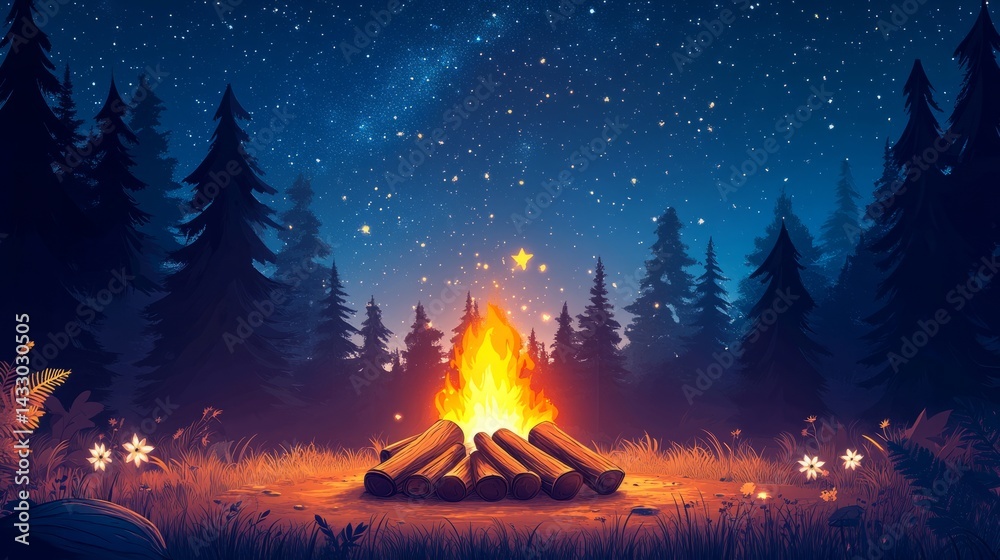 Flat design of a campfire with logs and marshmallows roasting, under starry sky Flat design of a campfire with logs and marshmallows roasting, under starry sky