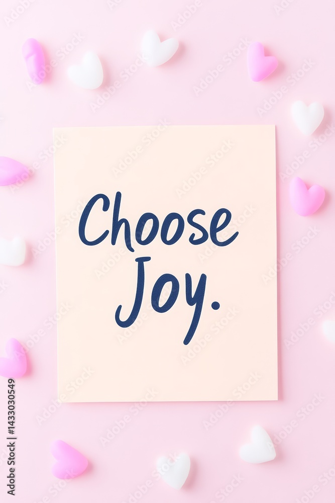 Bright Colorful “Choose Joy” Inspirational Quote Sign with Heart Confetti on Pink Background