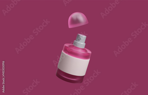 Pink perfume bottle advertising background mockup template. Realistic 3D transparent glass pink fragrance bottle beauty cosmetic product. Aromatic scented perfume packaging design vector illustration.