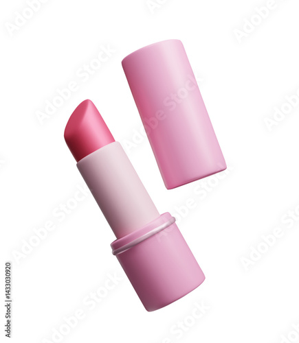 Pink lipstick beauty fashion makeup product 3D style vector illustration isolated on white. 3D style red lipstick in a pink makeup case. Facial skincare make-up cosmetic product for woman.