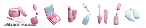 Beauty makeup cosmetic product 3D style icon set. Make-up palette, hydrogel under eye patches bottle, pink lipstick, eyelash mascara, skincare serum pipette, nail polish 3D icon set isolated on white.