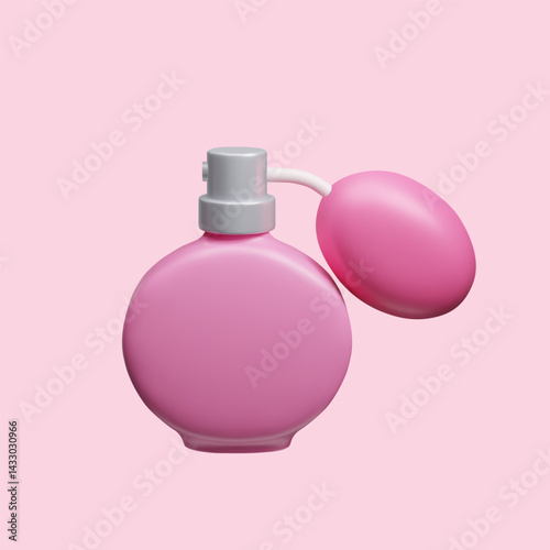 Vintage shape pink perfume bottle with squeeze bulb atomizer 3D style vector illustration. Cute female pink fragrance scent bottle beauty fashion cosmetic product. Makeup accessory element.