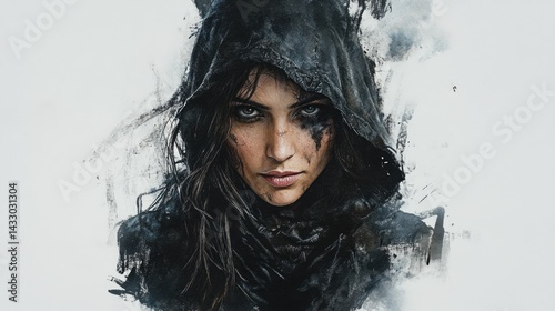 492. Watercolor portrait of a fantasy rogue with a hood and a sly smirk on an absolutely white background.