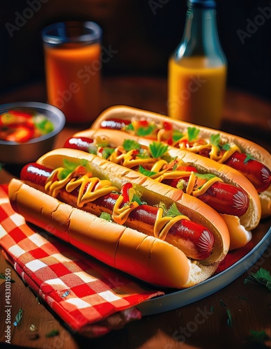 Grilled hot dogs with mustard and relish await guests at a festive July 4 gathering.