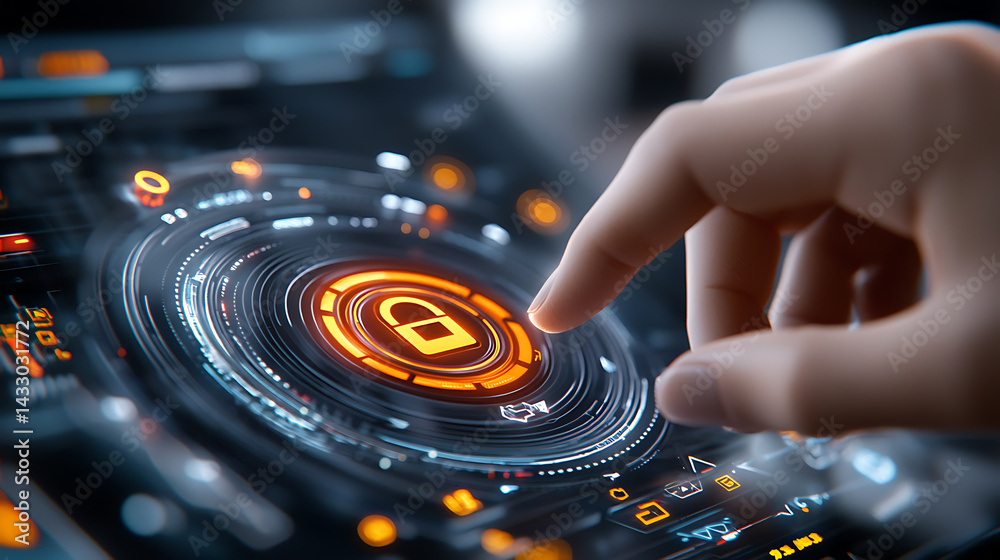 Obraz premium Futuristic cybersecurity lock symbol technology interface digital environment interactive display user engagement virtual security concept