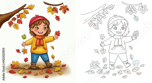 Autumn's Playmate: A playful young child, bundled up in a warm hat and scarf, joyfully tosses and plays with colorful fallen leaves under a vibrant autumn tree.