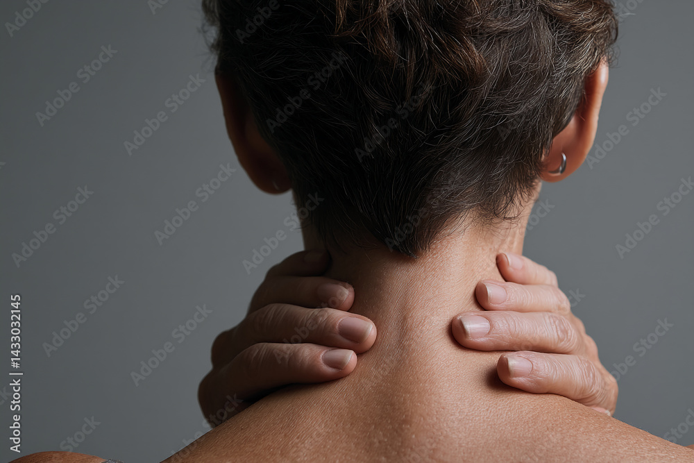 Fototapeta premium Close-up of woman's neck and hands, showcasing skin texture and suggesting tension or discomfort, representing health, wellness, or body care