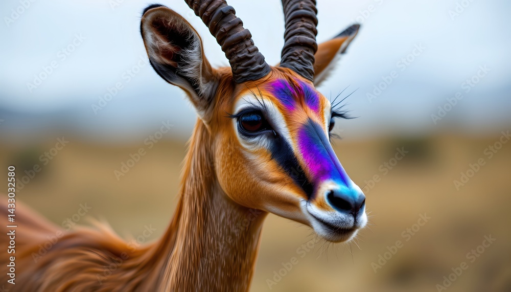Fascinating close-up of a gazelle featuring a rainbow colored eye against natural backdrop Fascinating close-up of a gazelle featuring a rainbow colored eye against natural backdrop