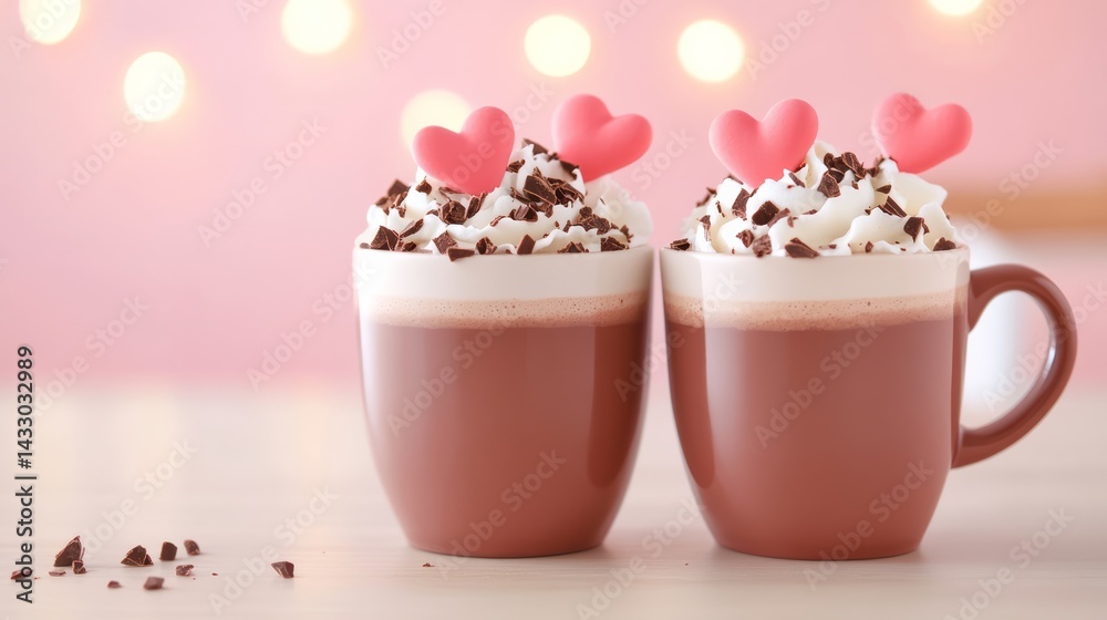 Romantic Hot Chocolate with Whipped Cream and Chocolate Toppings in Heart Mugs for Valentine’s Day