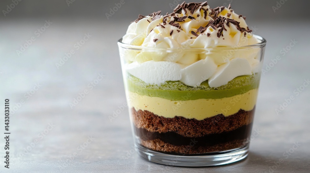 A layered dessert parfait in a glass with chocolate, graham cracker, white cream, green pistachio cream, and whipped cream topped with chopped pistachios.