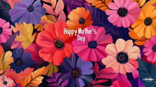 Wallpaper Mural A vibrant floral design with various colorful flowers and leaves on a dark background, with "Happy Mother's Day" text. Torontodigital.ca