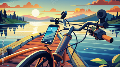  close up Smartphone and holder attached to the handlebar of a bicycle while parking at the bank of the lake, with sunlight reflects on the surface of the water