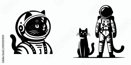 Black Cat in astronaut costume. Animal Space suit universe galaxy cartoon character clipart. Feline suit a cosmic kitty adventurer stellar apparel.