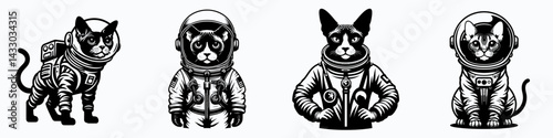 Devon Rex Cat in astronaut costume. Animal Space suit universe galaxy cartoon character clipart. Curly feline spacesuit attire kitty exploring galaxy cosmic theme.