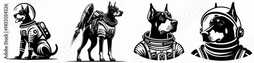 Doberman Pinscher Dog in astronaut costume. Animal Space suit universe galaxy cartoon character clipart. Canine cosmonaut breed spaceman attire a celestial theme.