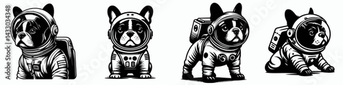 French Bulldog in astronaut costume. Animal Space suit universe galaxy cartoon character clipart. Canine spacesuit attire a comical rocket theme portrayal.