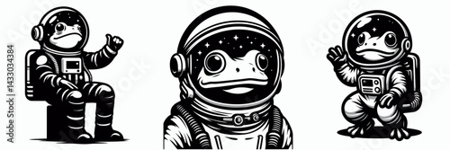 Frog in astronaut costume. Animal Space suit universe galaxy cartoon character clipart. Amphibian clad cosmic apparel quirky outer area wildlife exploration theme.