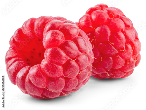 Raspberry isolated png. Raspberries on transparent background. Whole two raspberries with transparent shadow no background. Transparent png. Full depth of field.