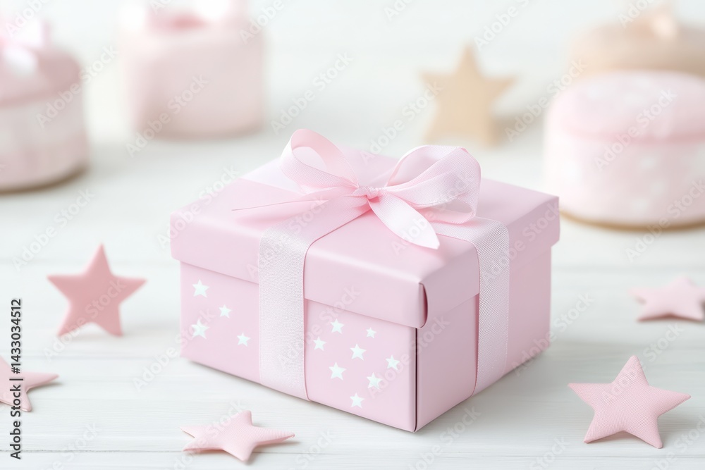 Pink Gift Box with White Ribbon and Stars Surrounded by Soft Decorative Stars on White Table