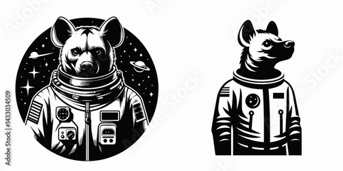 Hyena in astronaut costume. Animal Space suit universe galaxy cartoon character clipart. rover spotted cosmonaut attire for galactic fauna picture.