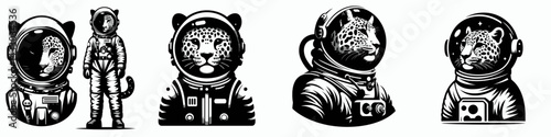 Leopard in astronaut costume. Animal Space suit universe galaxy cartoon character clipart. Spotted feline wearing explorer attire cosmic expedition theme.