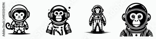 Monkey in astronaut costume. Animal Space suit universe galaxy cartoon character clipart. Primate attire celestial journey comical zoological venture.
