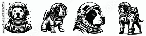 Pittbulls Dog in astronaut costume. Animal Space suit universe galaxy cartoon character clipart. Canine attire pit bull breed cosmic explorer garb hound apparel.