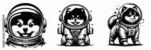 Pomeranian Dog in astronaut costume. Animal Space suit universe galaxy cartoon character clipart. Fluffy canine cosmonaut gear spitz breed pet spacesuit attire.