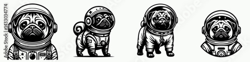 Pug Dog in astronaut costume. Animal Space suit universe galaxy cartoon character clipart. Canine cosmonaut attire adorable traveler garb.