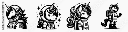 Unicorn in astronaut costume. Animal Space suit universe galaxy cartoon character clipart. Horned steed donning cosmic explorer attire fantastical equine spacewalk gear.