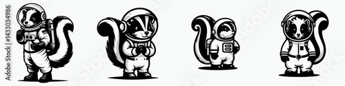 Skunk in astronaut costume. Animal Space suit universe galaxy cartoon character clipart. Mustelid wearing spacesuit stellar voyage apparel cosmic adventure concept.