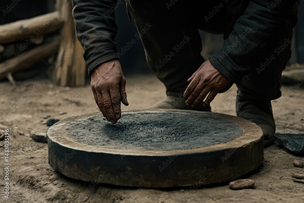 Hands working with dark substance on a circular stone