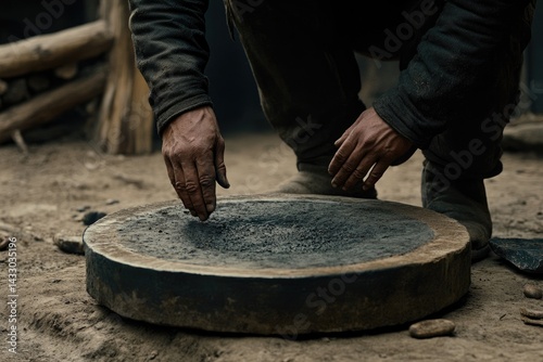 Obraz na płótnie Hands working with dark substance on a circular stone w salonie